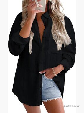 Cotton Linen Button Down Shirt V Neck Loose Fit Long Sleeve Blouse
